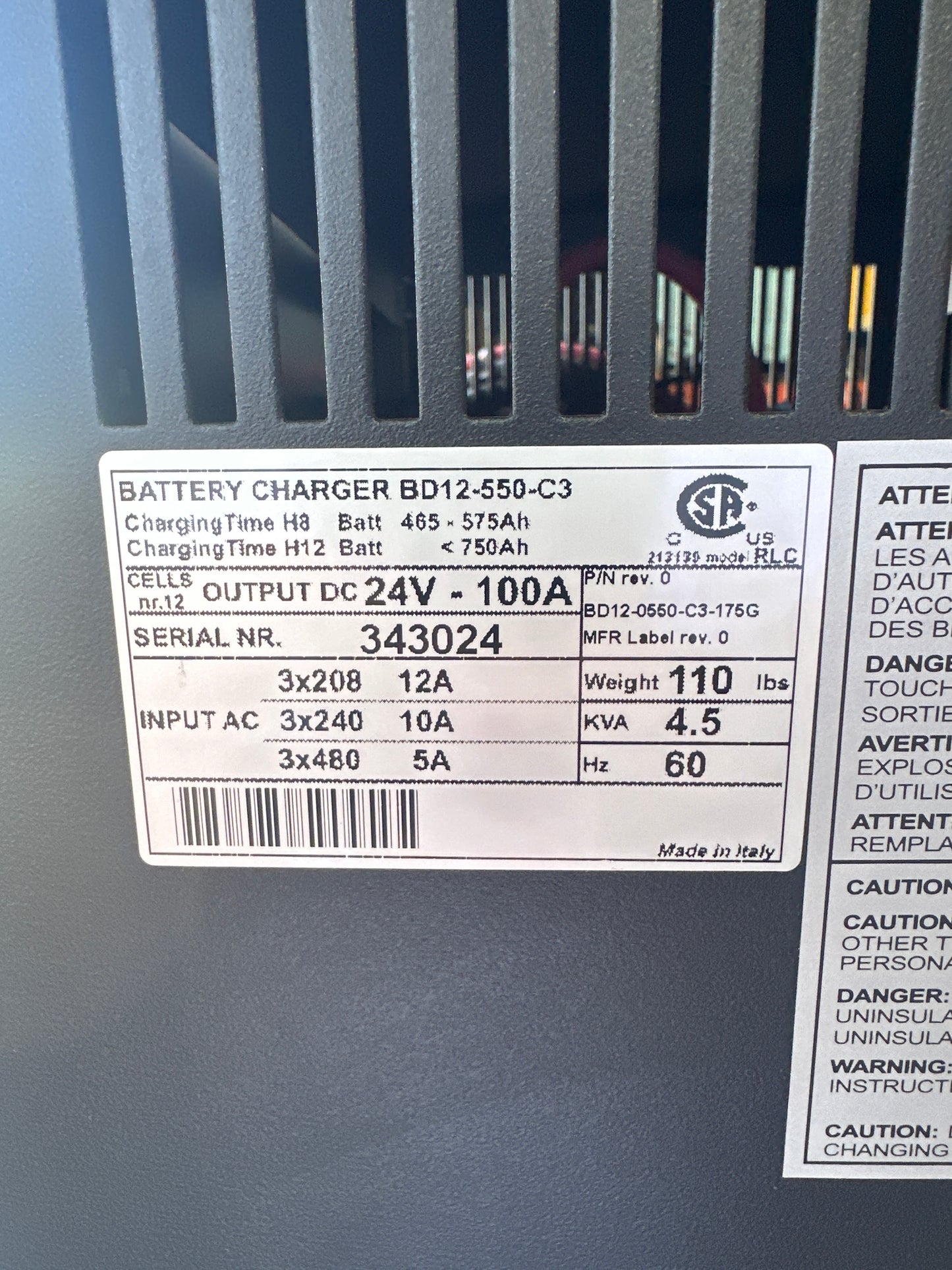 Ferroresonant charger set for 480 3PH 24VDC 100amp 510 to 600 amp hr