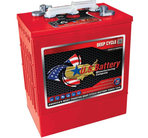 A red U.S. Battery battery